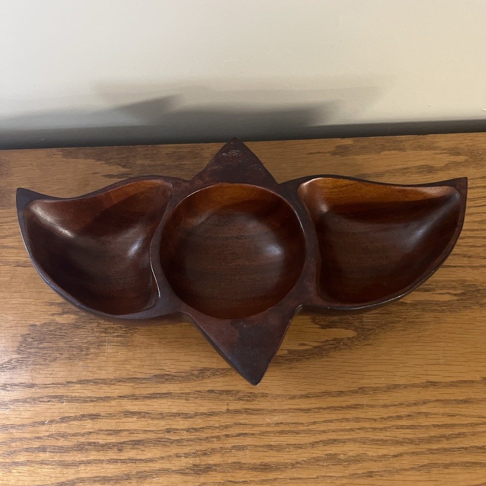Vintage Solid Wood Bowl Divided Nut Dish Coin Tray Geometric MCM Rare Shape - Picture 2 of 13